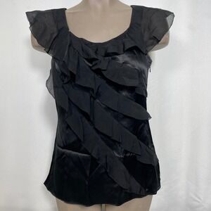 White House Black Market Cascading Ruffle Black Silk Stretch Top Womens Sz 6 NWT